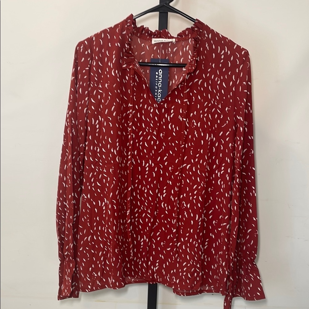 Anna-Kaci Women's Elegant Burnt Orange Blouse with White Pattern